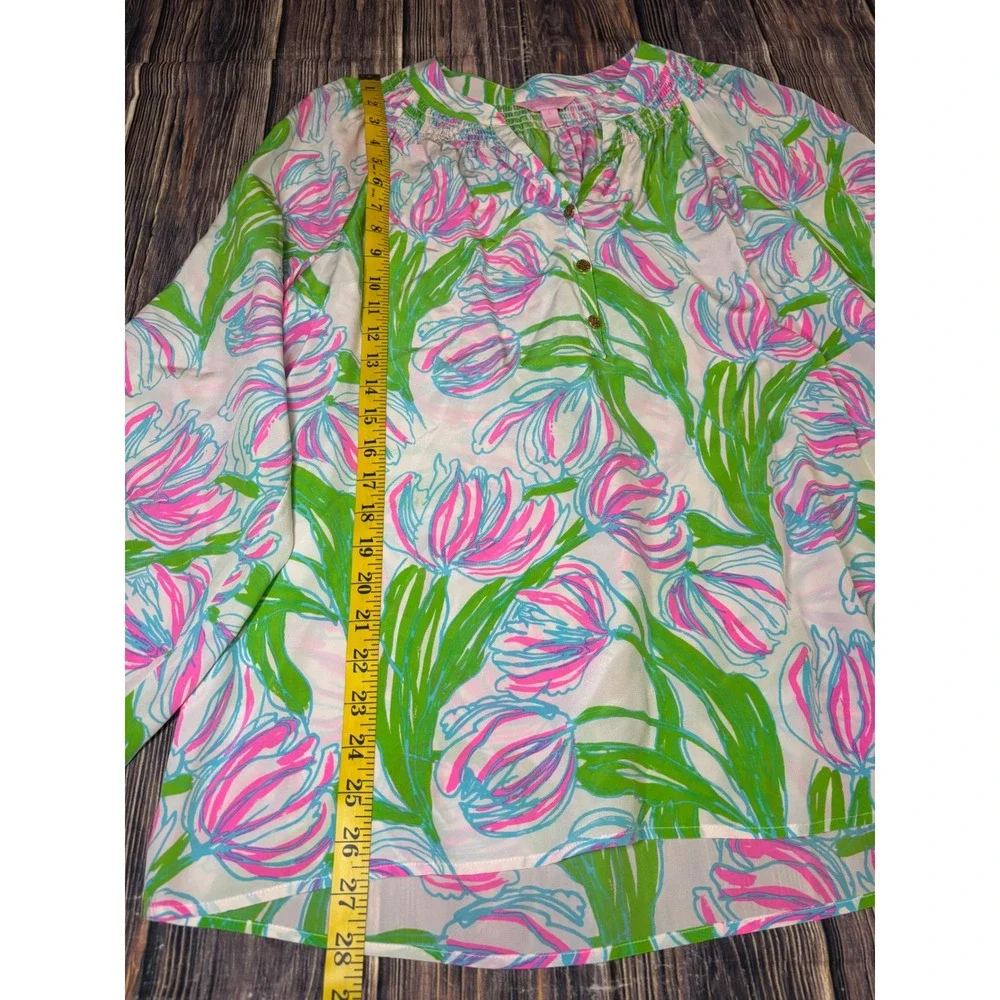 Lilly Pulitzer Silk Blouse Womens Large Tulip Time Floral Pink Green Button Top - Picture 4 of 12